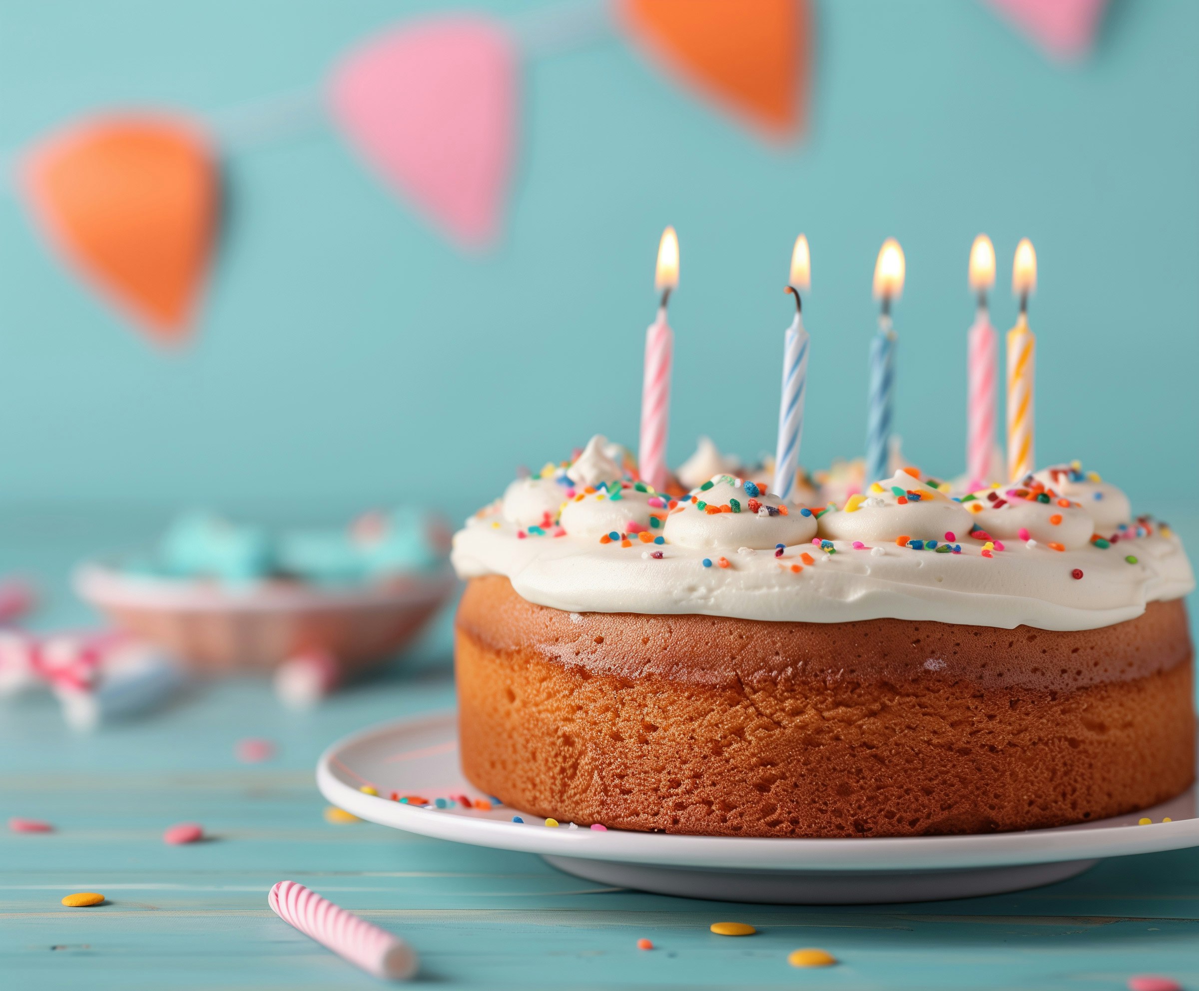 A simple vanilla birthday cake with colorful sprinkles and lit candles on top. The Birthday eLearning Experience
