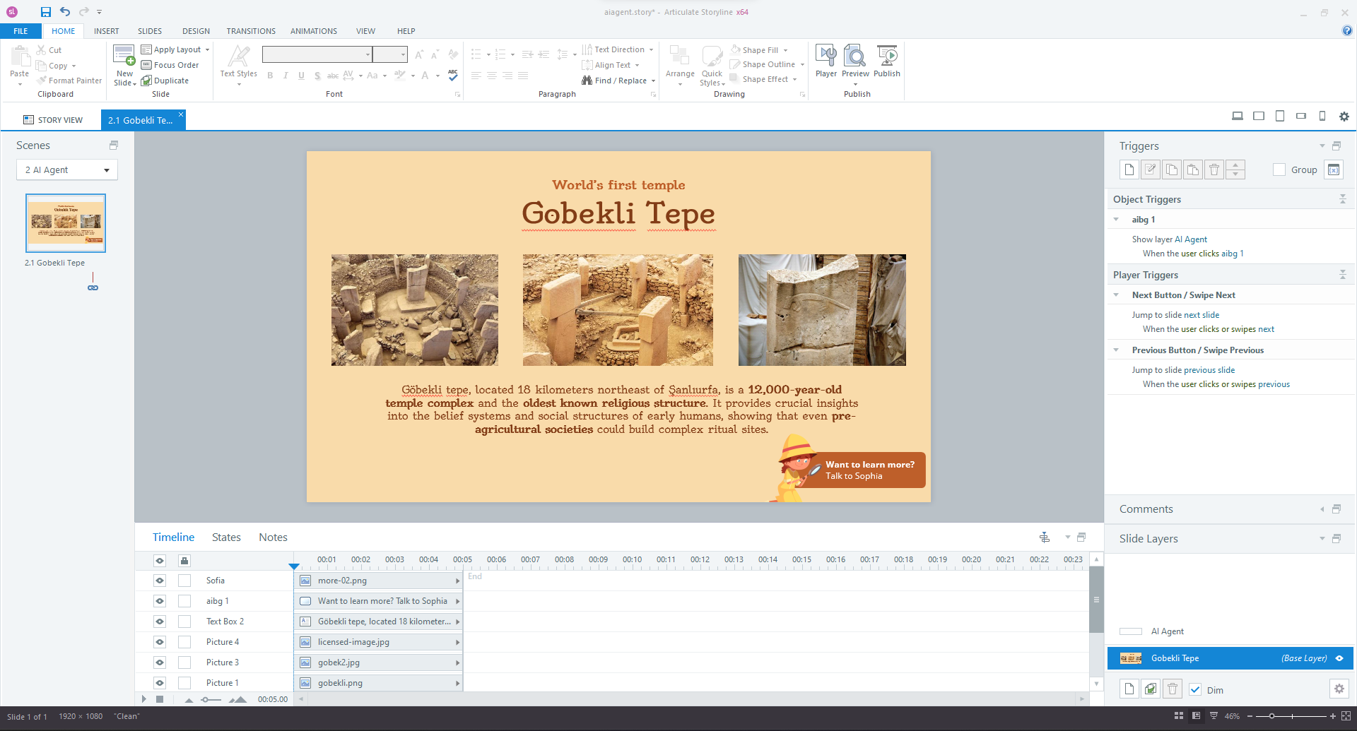 interactive Storyline 360 project showcasing a learning module on Göbeklitepe, including a map and AI-powered assistant interface.