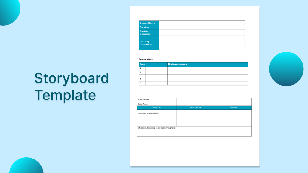 Free eLearning storyboard template showing course name, duration, objectives, and screen layout sections in Word format.